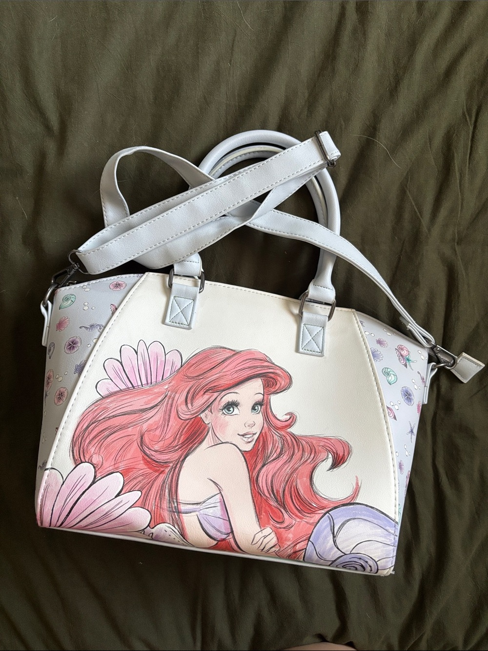 Loungefly Disney White Crossbody Satchel Handbag with Ariel - Purple and white
